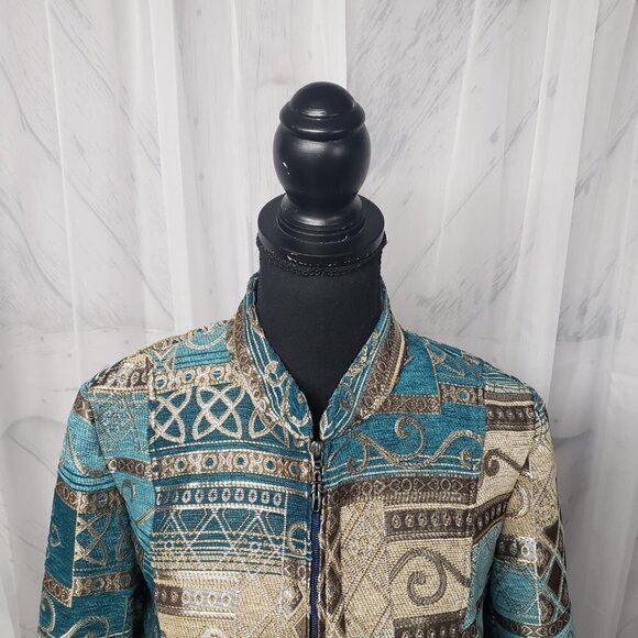 Dressbarn Jacket Blue Brown Embroidered Tapestry Patchwork Artsy Retro M - Picture 2 of 13